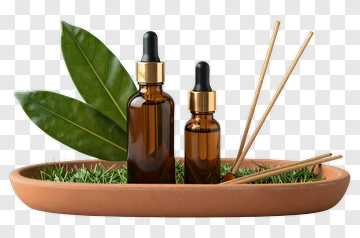 Aromatic Essential Oil Bottles With Green Leaves PNG