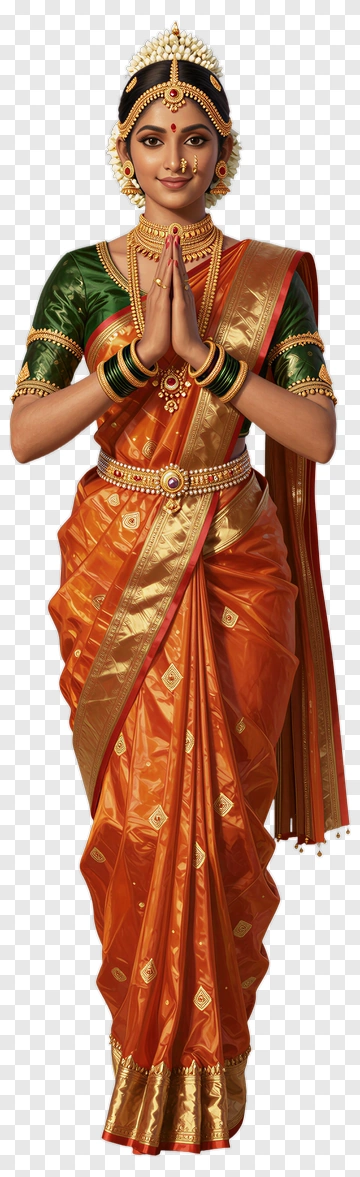 Woman In Traditional Saree With Hands In Namaste Gesture PNG