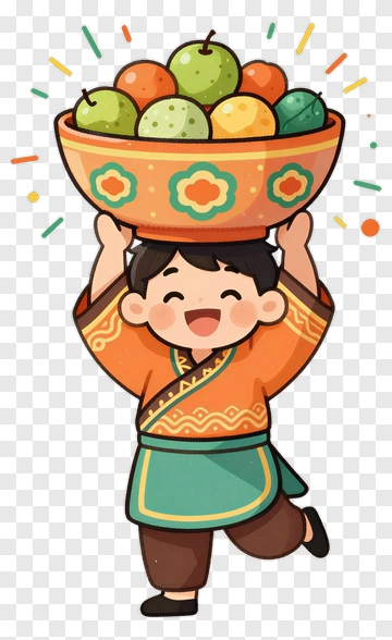 Cartoon Boy Holding A Bowl Of Fruit PNG
