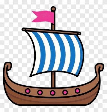 Cartoon Ship With Blue And White Striped Sail PNG