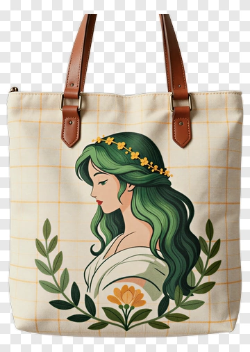 Stylized Tote Bag With Floral Design And Woman's Profile PNG