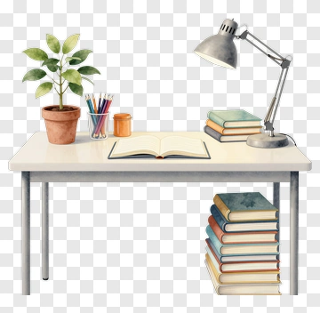 Desk With Books And A Plant PNG