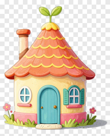 Cartoon House With Flower And Green Leaves PNG