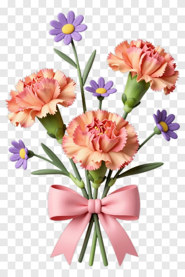 Flower Bouquet With Pink Carnations And Purple Daisies PNG
