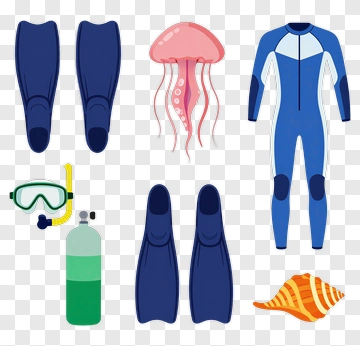 Diving Equipment And Marine Life Illustration PNG