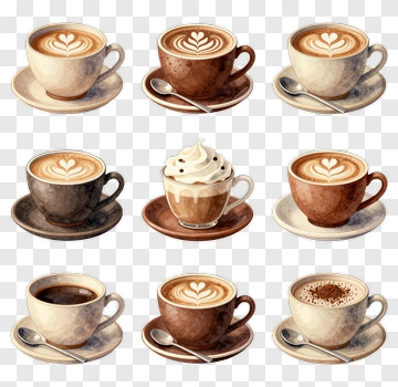 Collection Of Coffee Cups With Latte Art PNG