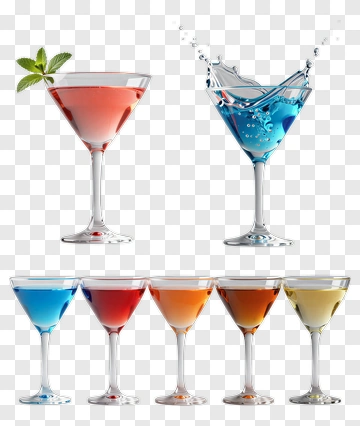 Colorful Cocktail Glasses With Mint And Splashing Water PNG