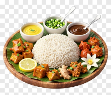 Plate Of Indian Cuisine With Rice And Sauces PNG