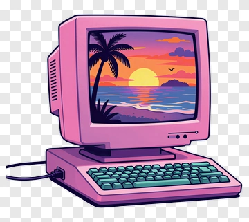 Cartoon Computer Displaying A Sunset Beach Scene PNG