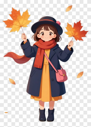 Cartoon Girl Holding Autumn Leaves PNG