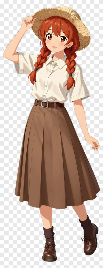 Anime Girl In A Brown Skirt And Straw Hat PNG