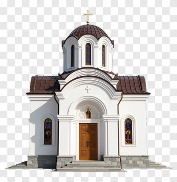 White Church With Brown Dome And Stained Glass Windows PNG
