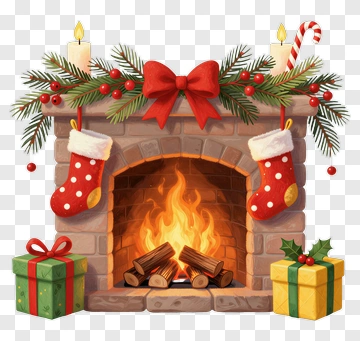 Christmas Fireplace With Stockings And Presents PNG
