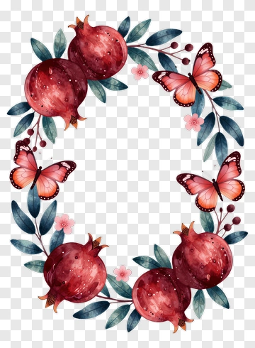 Floral Wreath With Pomegranates And Butterflies PNG