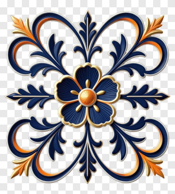 Floral Decorative Design With Blue And Gold Accents PNG