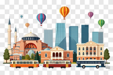 Cityscape With Hot Air Balloons And Trams PNG