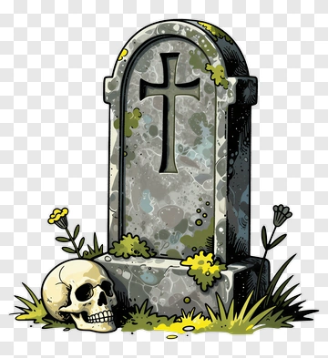 Cartoon Tombstone With Skull And Grass PNG