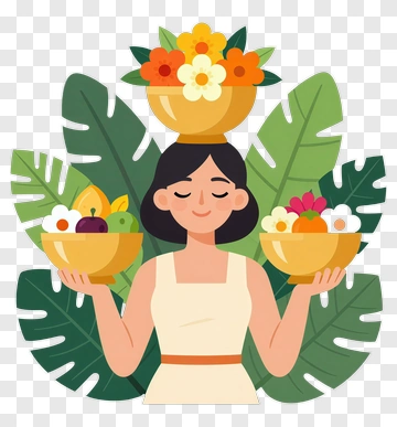 Woman Holding Bowls Of Fruits And Flowers PNG