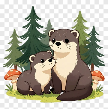 Cartoon Otters In A Forest Setting PNG