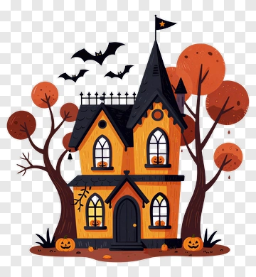 Halloween House With Pumpkins And Bats PNG