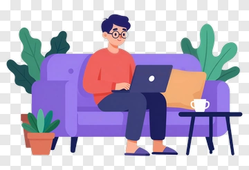 Young Man Working On A Laptop In A Cozy Living Room PNG