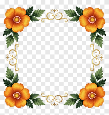 Floral Frame With Orange Flowers And Green Leaves PNG