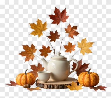 Autumn Tea Set With Pumpkins And Maple Leaves PNG