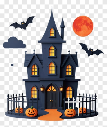Halloween Haunted House With Pumpkins And Bats PNG