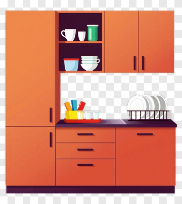Modern Kitchen Cabinet With Dishes PNG