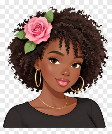 Young Woman With Curly Hair And Pink Rose PNG