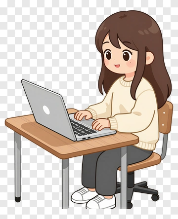 Cartoon Girl Using A Laptop At A Desk PNG