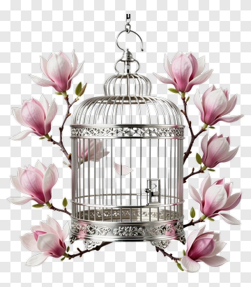 Decorative Birdcage Surrounded By Magnolia Flowers PNG