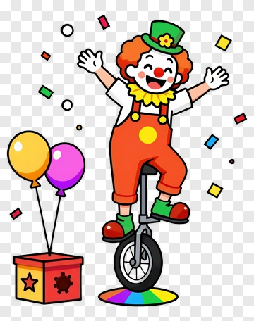 Cartoon Clown Riding A Unicycle With Balloons PNG