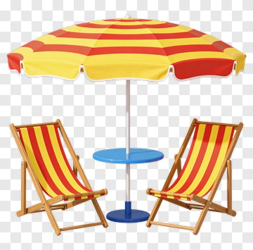 Beach Umbrella With Striped Chairs PNG