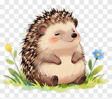 Cute Cartoon Hedgehog Sitting Among Flowers PNG
