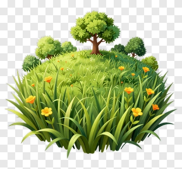 Cartoon Green Hill With Trees And Flowers PNG