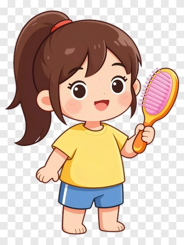 Cartoon Girl Holding A Hairbrush PNG