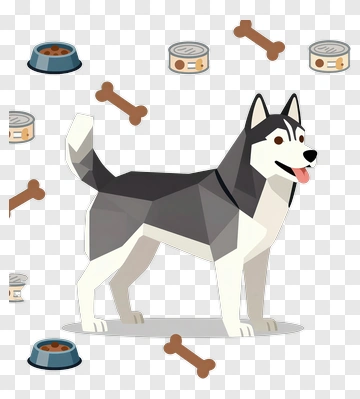 Cartoon Husky Dog Surrounded By Food Bowls And Bones PNG