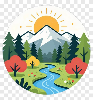 Colorful Mountain Landscape With River And Sun PNG