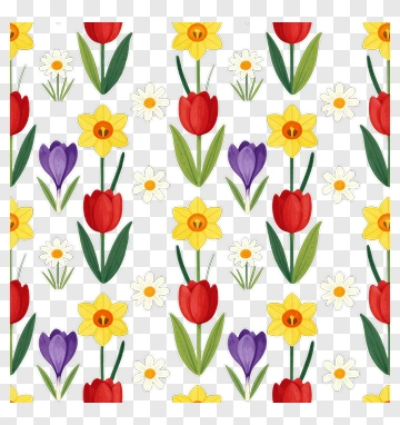 Colorful Floral Pattern With Tulips And Daffodils PNG