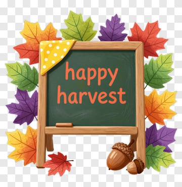 Happy Harvest Chalkboard With Autumn Leaves PNG