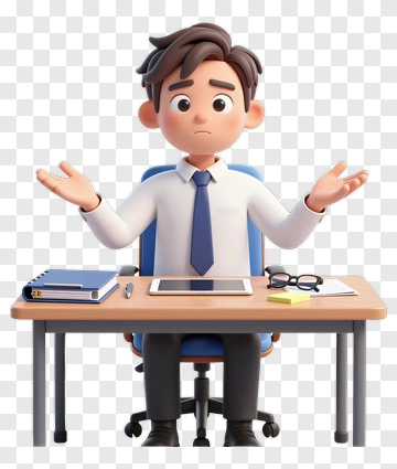 3D Businessman Sitting At Desk Looking Confused PNG