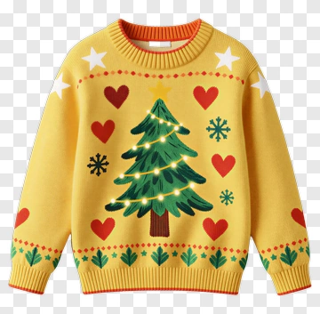 Colorful Christmas Sweater With Tree And Hearts PNG