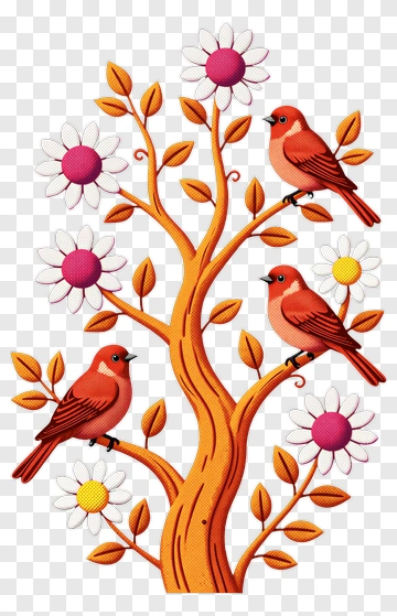 Colorful Tree With Birds And Flowers PNG
