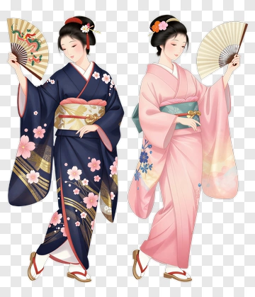 Japanese Women In Traditional Kimonos Holding Fans PNG