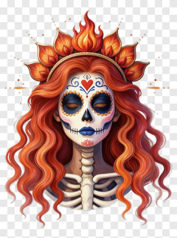 Colorful Sugar Skull Woman With Floral Crown PNG