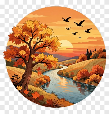 Autumn Landscape With River And Birds PNG