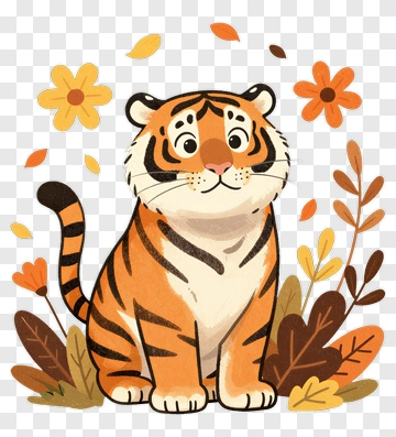 Cartoon Tiger Surrounded By Flowers PNG