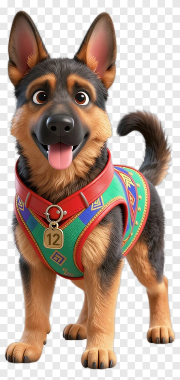 3D German Shepherd Dog Wearing A Colorful Harness PNG