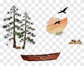 Watercolor Pine Trees And Boat PNG